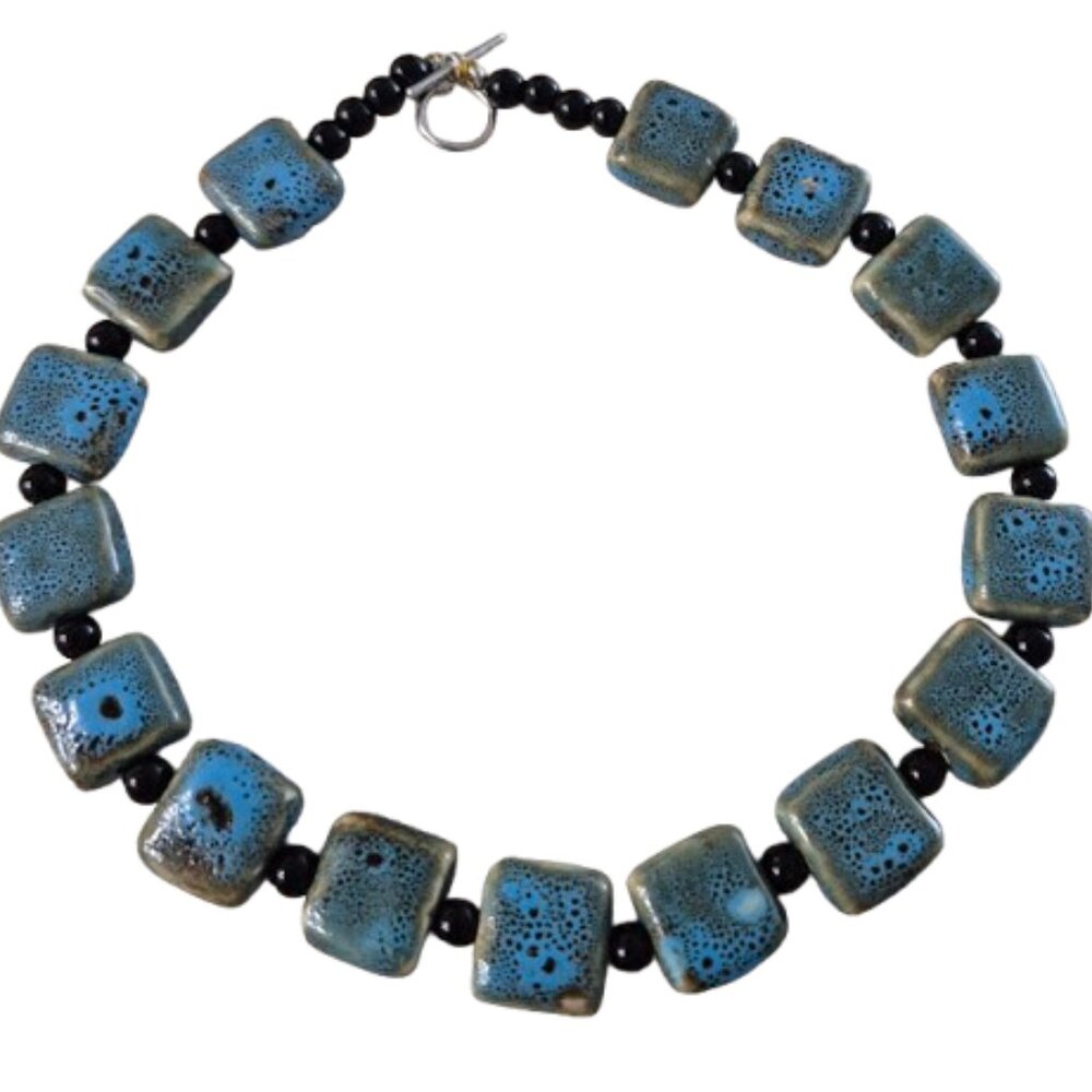 Hand-made Blue and Grey Stone with Black Onyx Choker Necklace